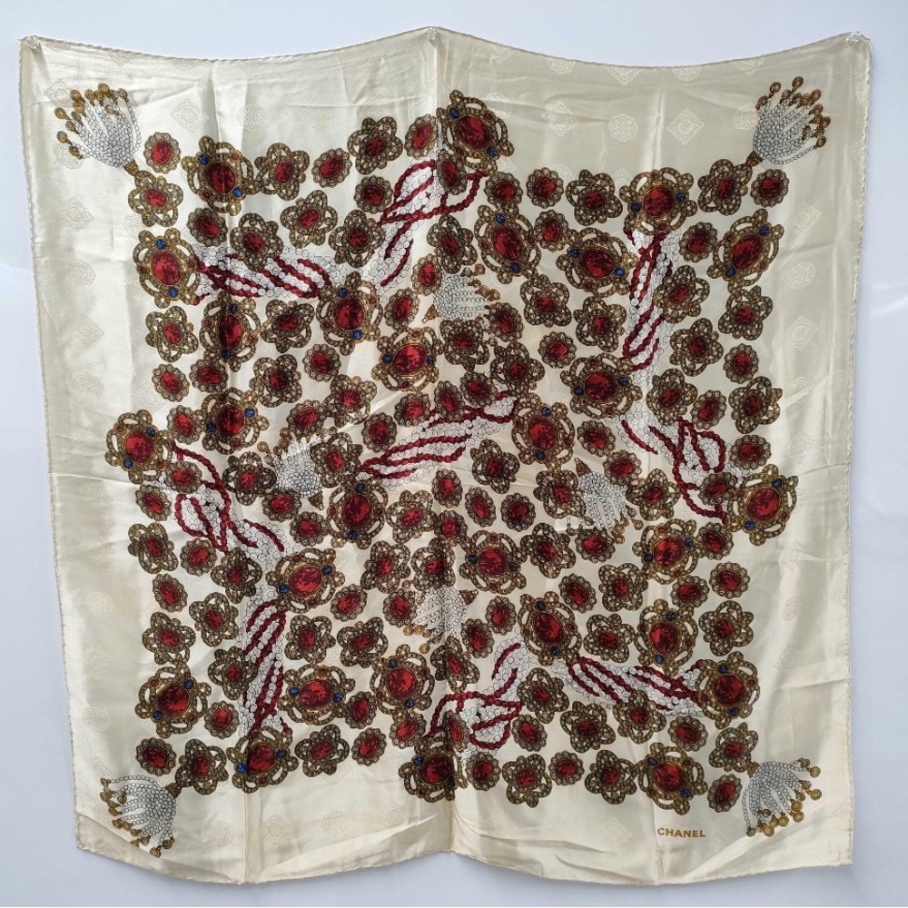 CHANEL Cream Silk Scarf Red and Gold jewels Accents comes with COA 34x34